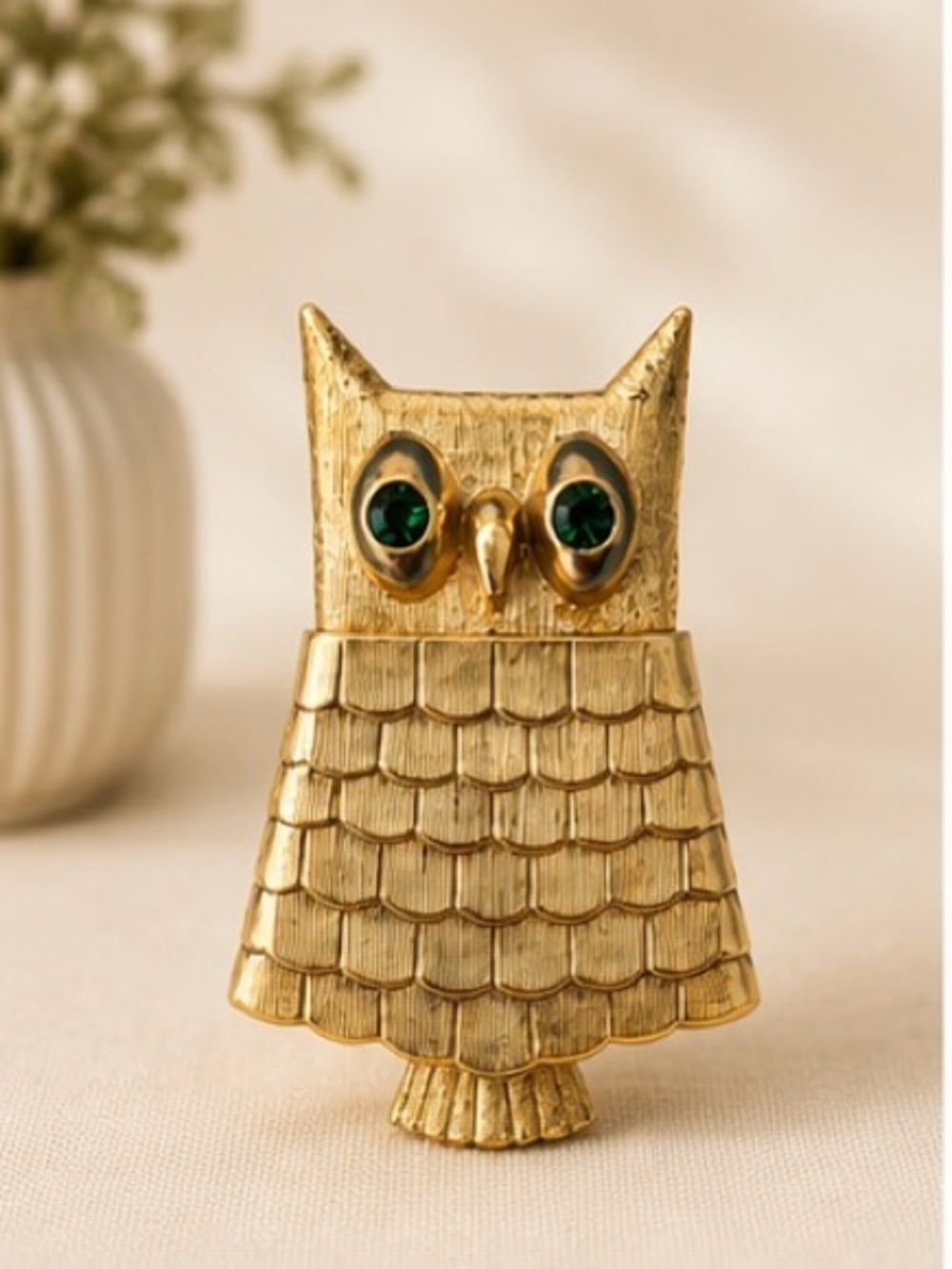 Vintage 1969 Avon Owl Perfume Brooch Green Eyes